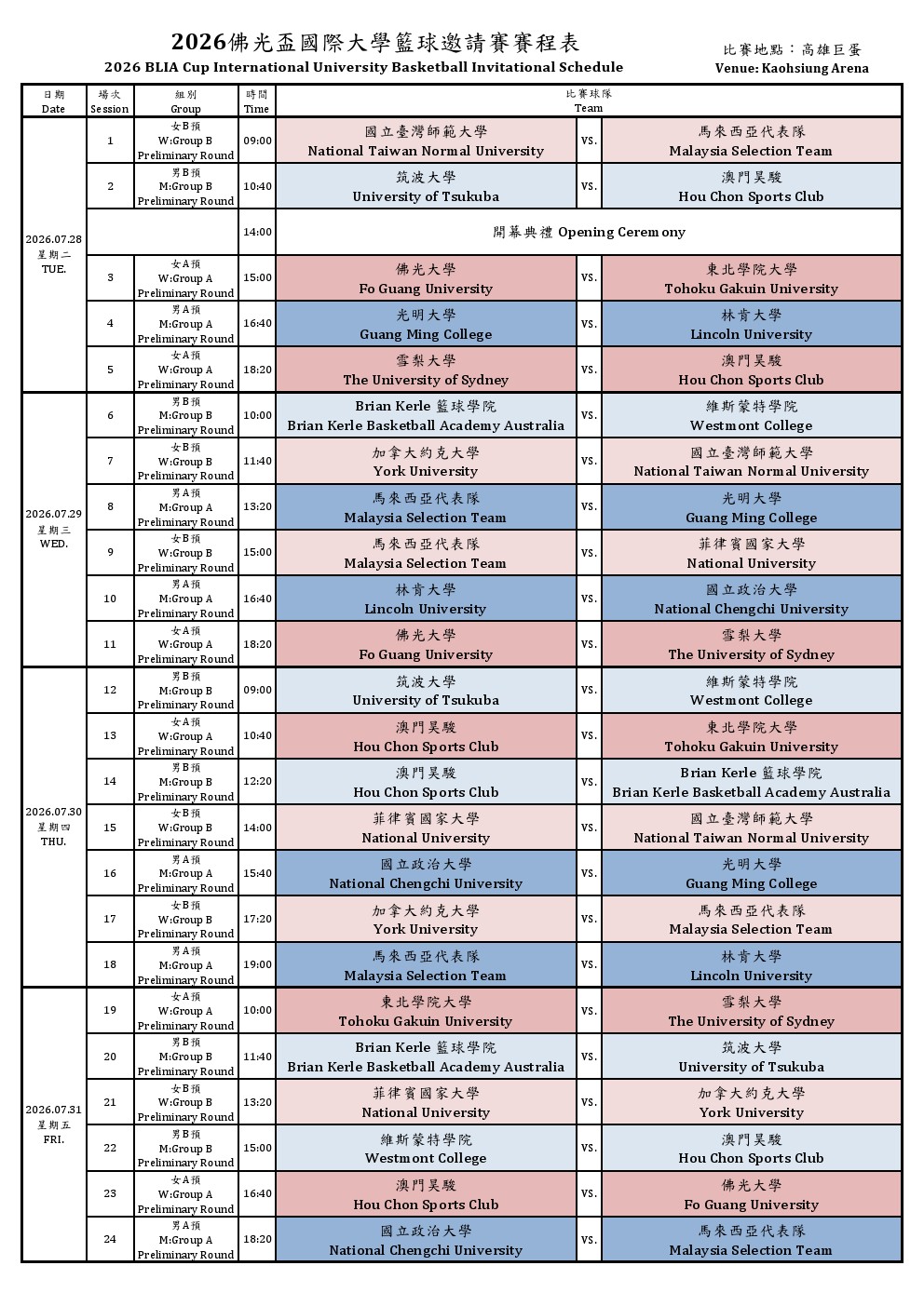參加佛光盃國際大學籃球邀請賽, 賽程表